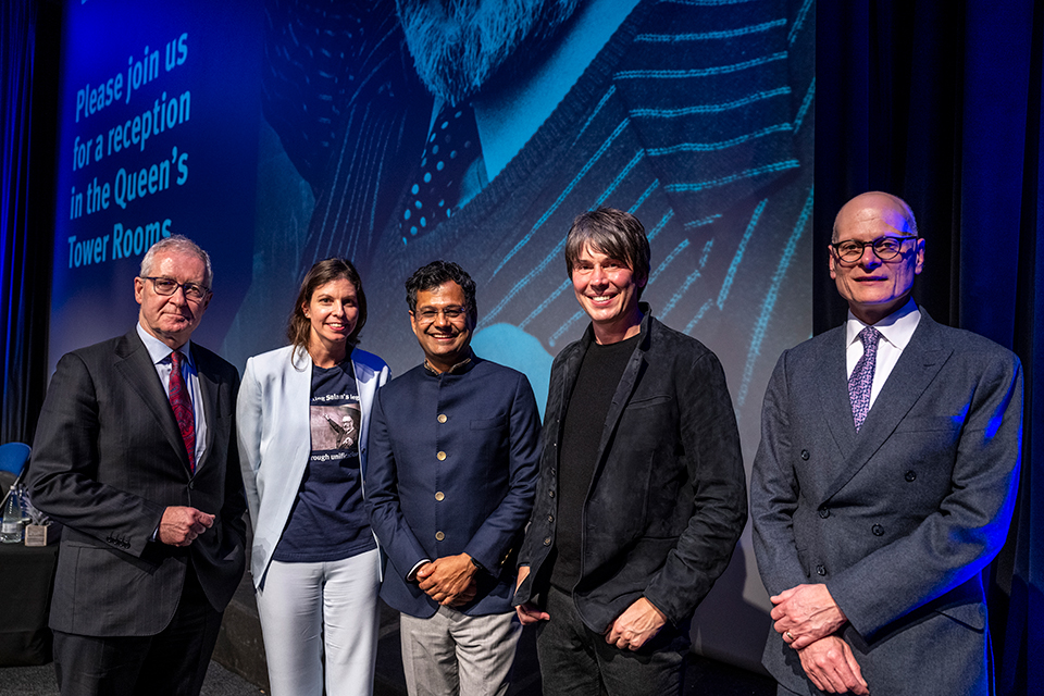 From left to right: Prof. Hugh Brady, Professor of Theoretical Physics Claudia de Rham, ICTP director Prof. Atish Dabholkar, Prof. Brian Cox FRS, and Prof. Ian Walmsley FRS. Credit: Fergus Burnett / Imperial College London.