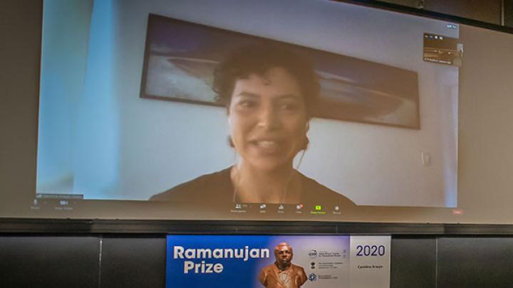 Professor Carolina Araujo, recipient of the 2020 Ramanujan Prize, speaking during the virtual ceremony