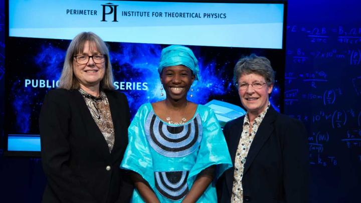 Estelle Inack, center, with Nobel Prize Laureate Donna Strickland, left, and Special Breakthrough Prize Winner Jocelyn Bell Burnell, right. Credit: Gabriela Secara, Perimeter Institute