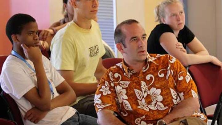 ICTP scientist Claudio Piani (front centre) with students at the Summer School on Water in the Anthropocene