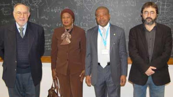 ARPL's Sandro Radicella (far left) with Dr. Ladi Hamalai, Honorable Chukwuemeka N. Ihedioha, and ICTP Director Fernando Quevedo.