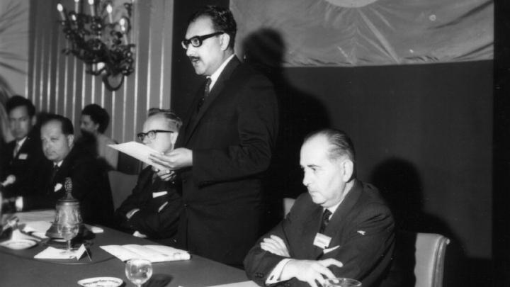 ICTP founder, Nobel Prize laureate Abdus Salam speaks at the first international workshop on plasma physics and controlled fusion at ICTP that took place at ICTP from 5 to 31 October 1964.