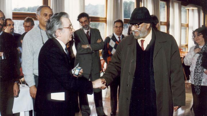 André-Marie Hamende (left) with ICTP founder Abdus Salam
