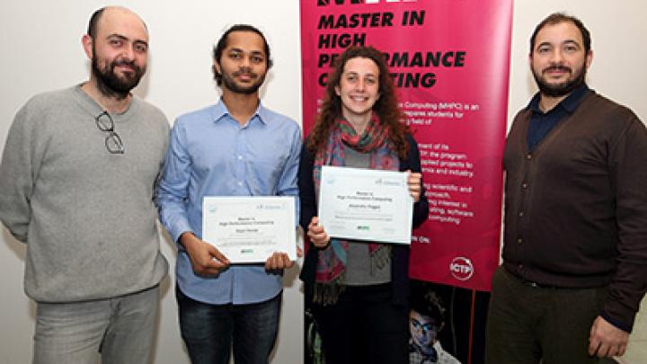 ICTP researcher Marcello Dalmonte (left) with MHPC graduates Rajat Panda and Alejandra Foggia, and MHPC applications specialist Ivan Girotto