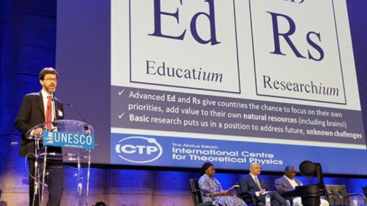 ICTP researcher Sandro Scandolo introducing two imaginary elements to the Periodic Table at the launch of the International Year of the Periodic Table of Chemical Elements