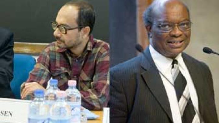 ICTP Scientific Council member Ashoke Sen (left) and former ICTP mathematician Aderemi Kuku (ICTP Photo Archives/Massimo Silvano)