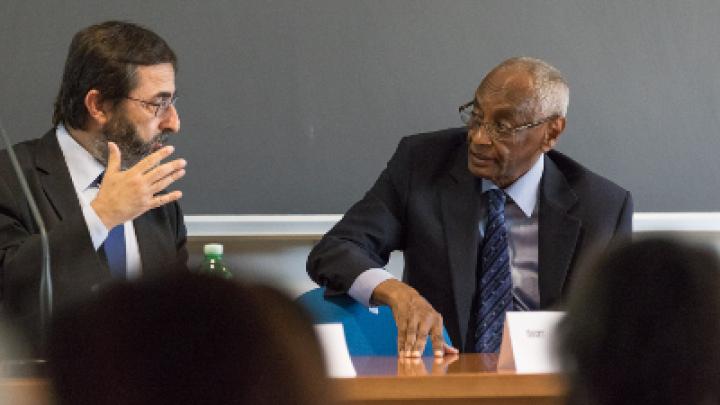 ICTP Director Fernando Quevedo (left) and TWAS Interim Executive DIrector Mohamed H.A. Hassan at the opening session of science diplomacy course
