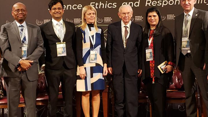 ICTP Director Atish Dabholkar (second from left) at the World Science Forum with fellow session speakers (from left) Sekazi Mtingwa, Sanja Damjanovic, Herwig Schopper, Her Royal Highness Sumaya bint El Hassan, and session moderator Michele Zema